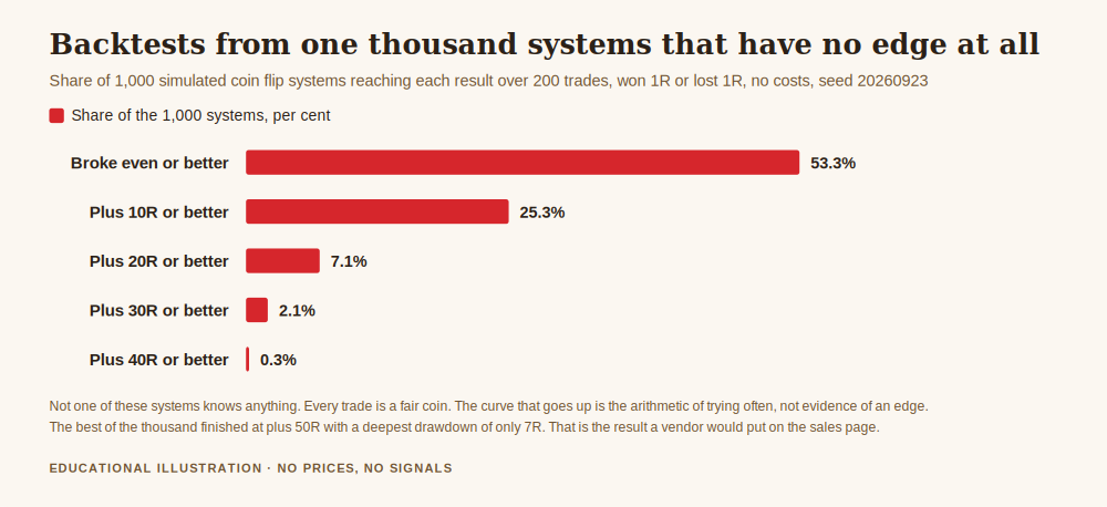 Chart for the EA vs manual trading decision, showing results from one thousand simulated trading systems with no edge at all and how many still produced a rising backtest