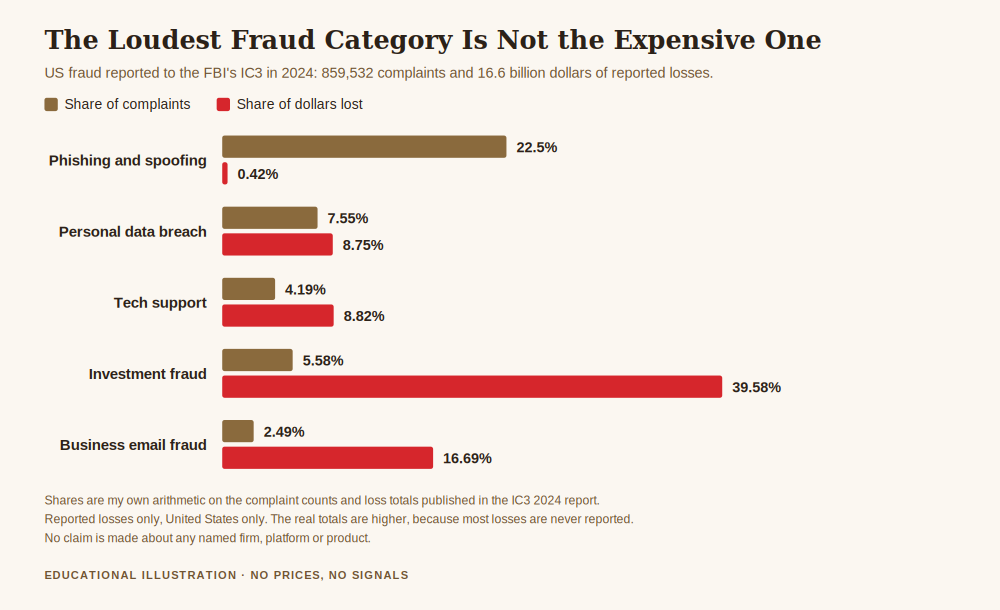 Chart supporting forex scam or legit, comparing each fraud category's share of US complaints against its share of dollars lost in 2024