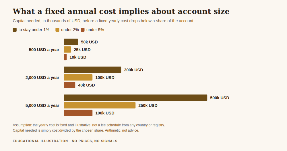 How to register trade licence costs against account size, chart showing the capital needed before a fixed annual cost of 500, 2,000 or 5,000 US dollars falls below one, two or five per cent of the account