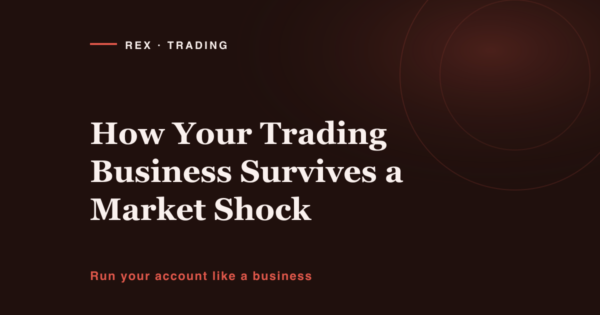 An illustration of a resilient trading business: capital split into working funds and a reserve buffer that absorbs a sudden market shock