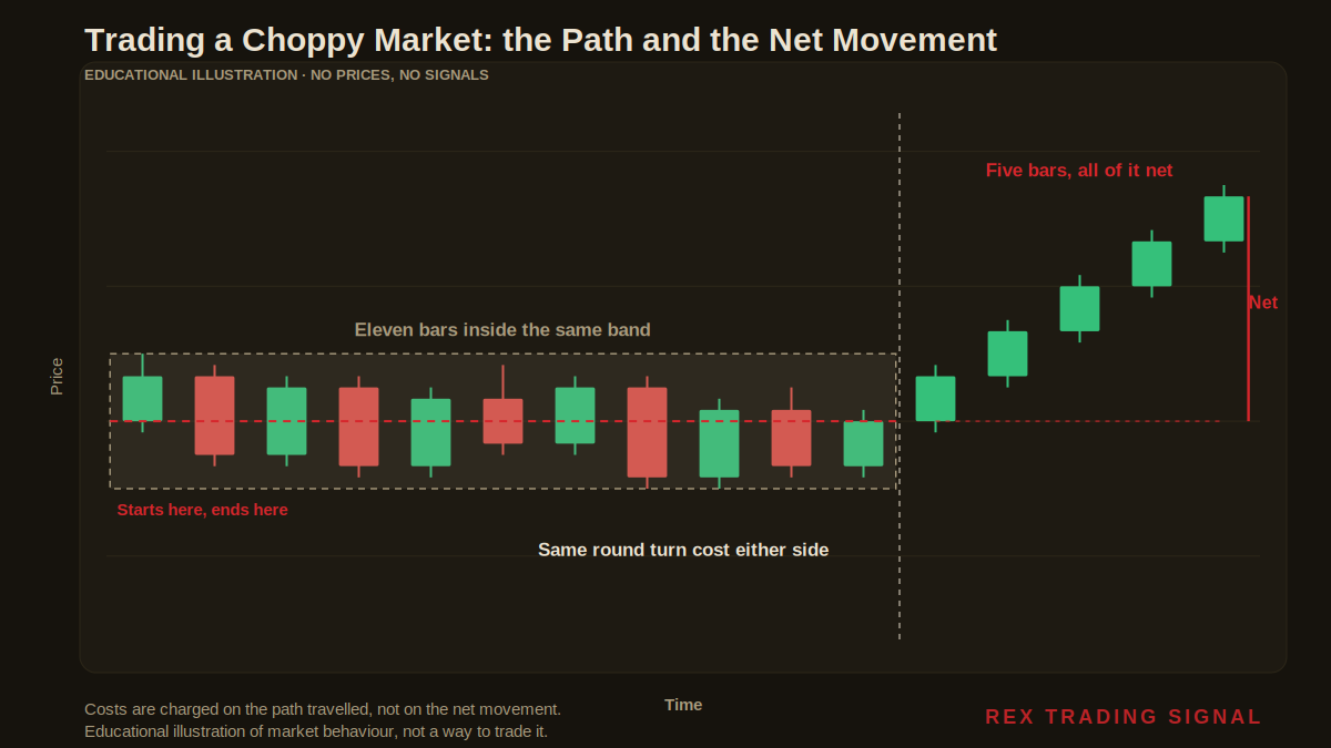 Candlestick illustration of trading choppy market conditions, showing eleven bars inside one band that end where they started next to five bars that trend