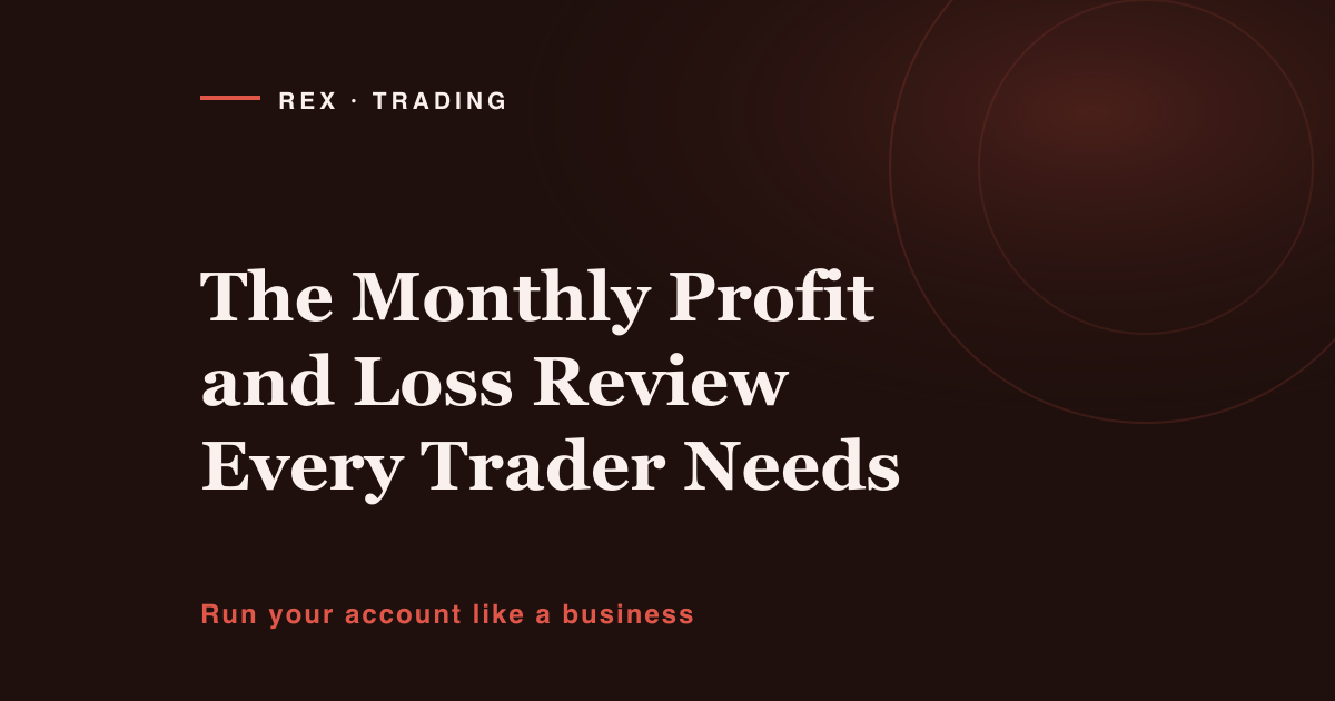 A monthly review loop diagram showing Trade, Record, Review and Adjust rules, with a checklist of what to pull each month