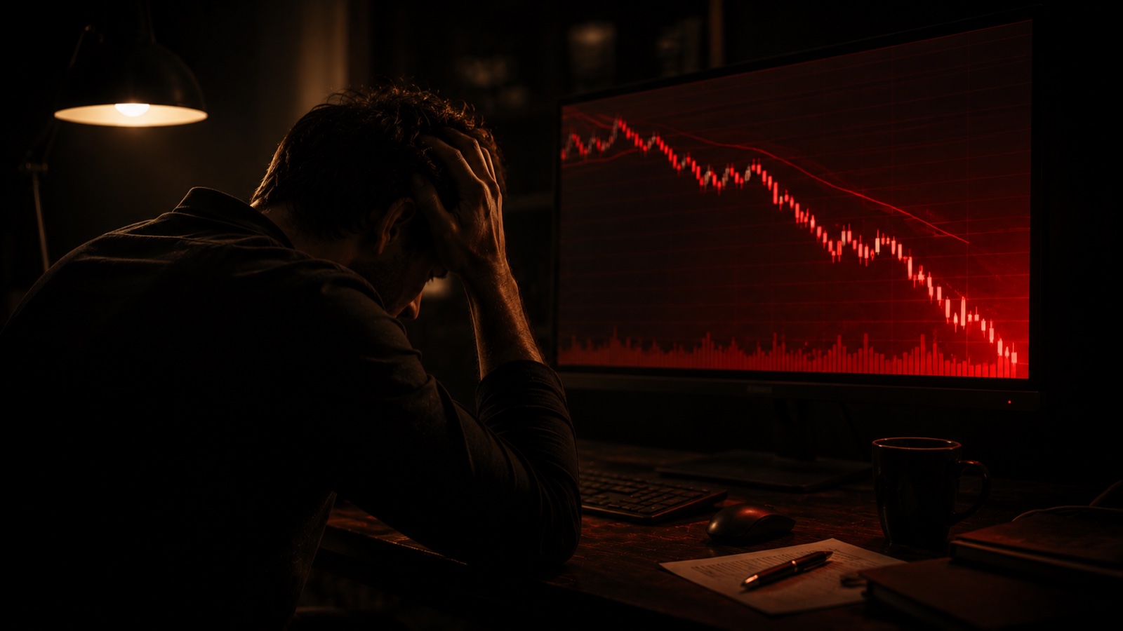 A trader sitting in the dark with head in hands as a red declining chart glows on the monitor, the emotional pressure that opens the gap