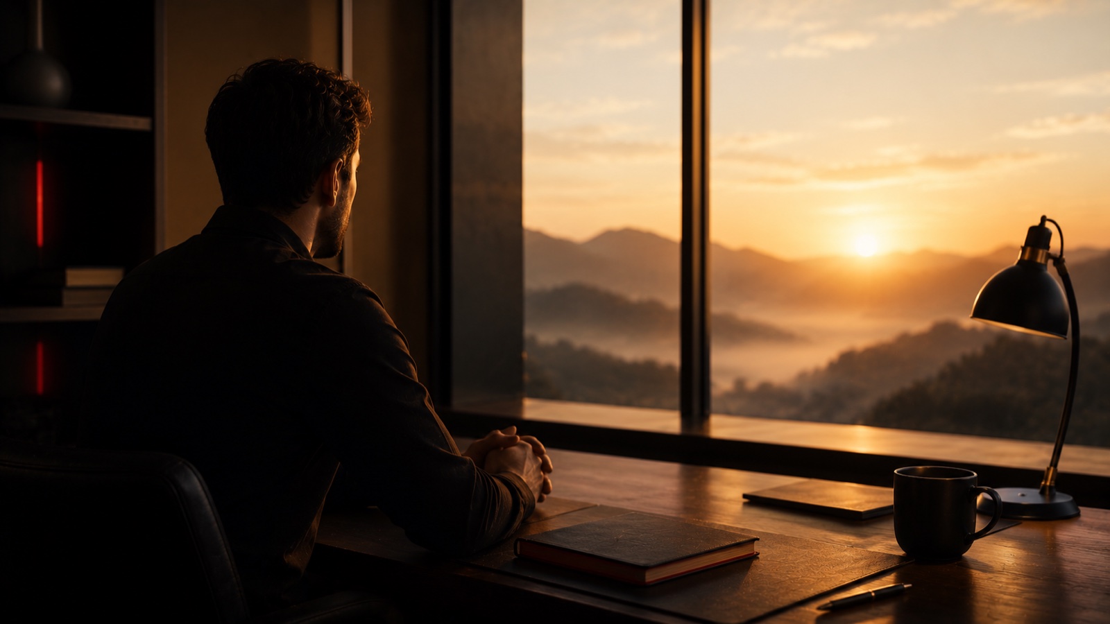 A calm, composed trader sitting at a tidy desk at dawn with a closed notebook, looking out at a golden mountain sunrise, discipline and peace after the storm