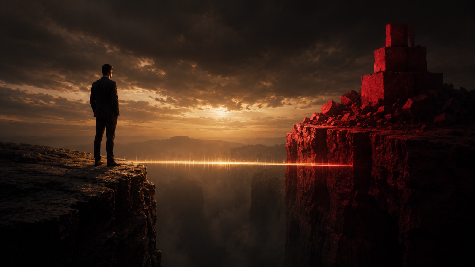 A lone operator standing at the edge of a chasm at dawn, a thin bridge of light spanning the gap between two cliffs
