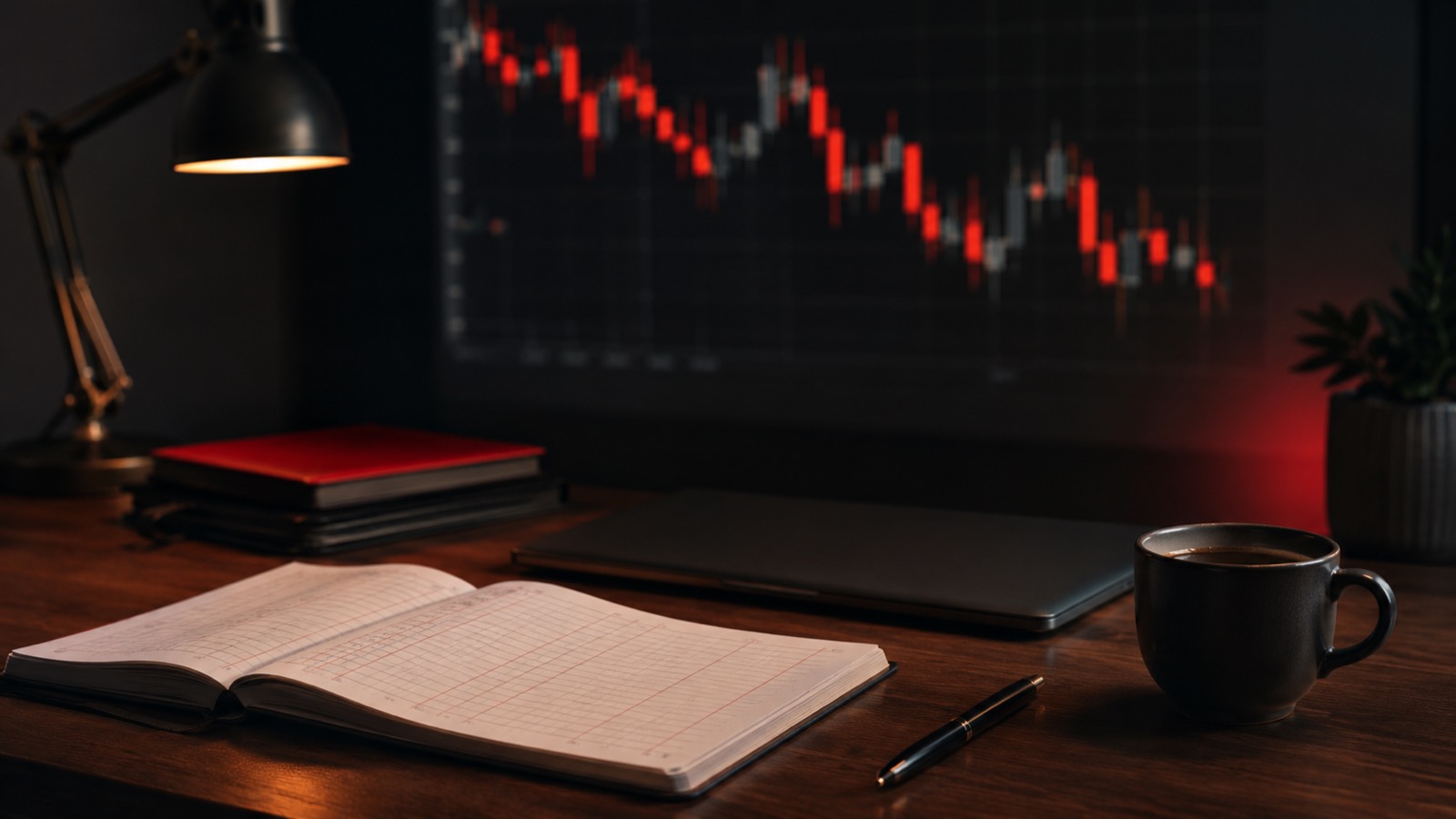 A disciplined trader's desk at night: an open ledger, a closed laptop, coffee and a pen, with a faint red candlestick chart behind