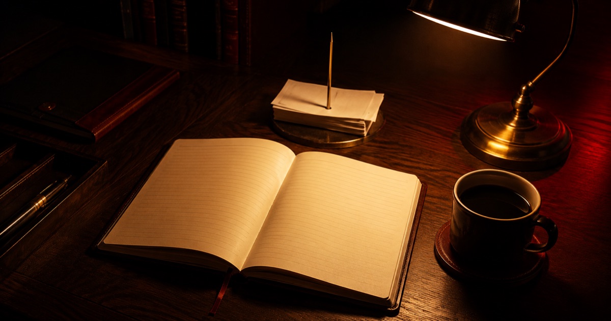 An operator's desk at night, an open blank ledger, a receipt spike, coffee and a warm lamp, running a trading account like a business