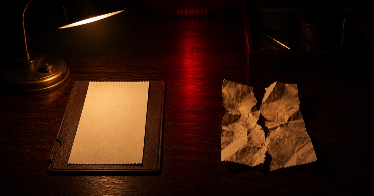 Two paper receipts on a dark desk, one neatly filed, one crumpled and torn, a budgeted cost versus a reckless one